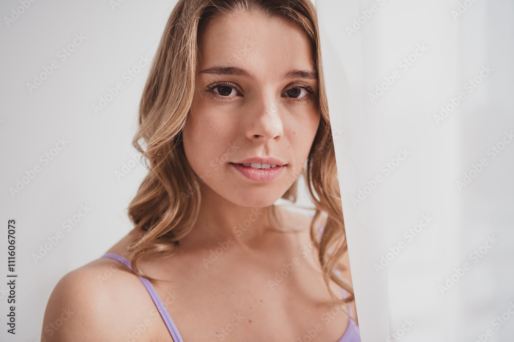 Photo of gorgeous young lady look camera gentle model wear violet lingerie isolated white room studio background no retouch Photo of gorgeous young lady look camera gentle model wear violet lingerie isolated white room studio background no retouch