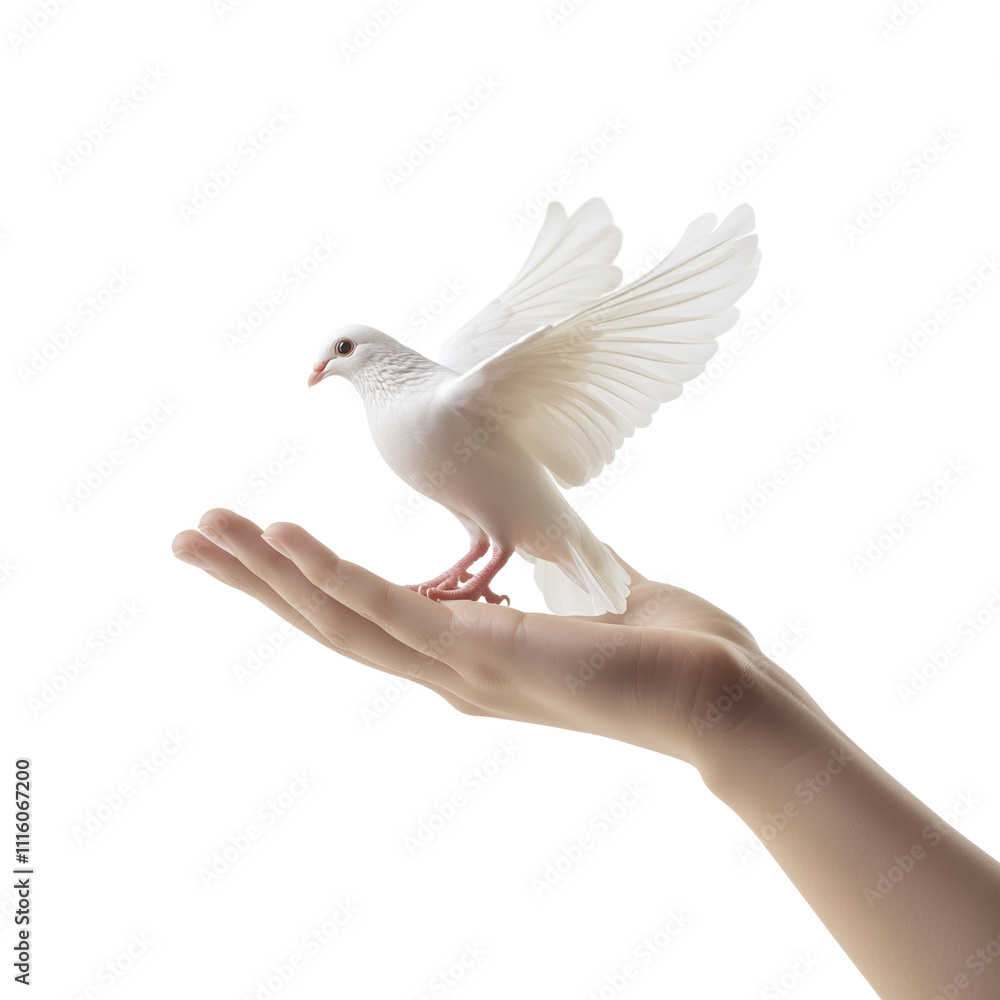 Fototapeta premium Hand holding white dove symbolizing peace isolated on transparent background