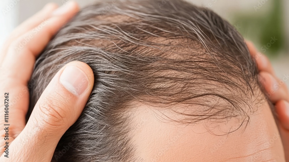 Fototapeta premium Anthroposcopy to examine thinning hair, reflect on aging and self-care. Embrace natural change and prioritize health and happiness