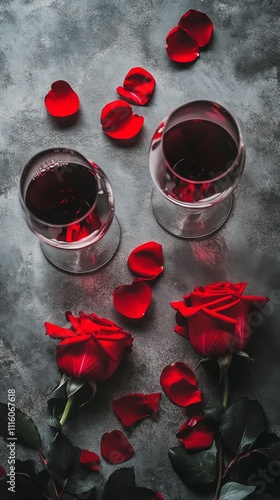 Romantic setting with red roses and wine glasses on a dark surface