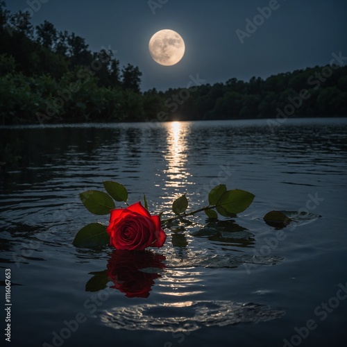 A red rose glowing against a silver moonlit lake.