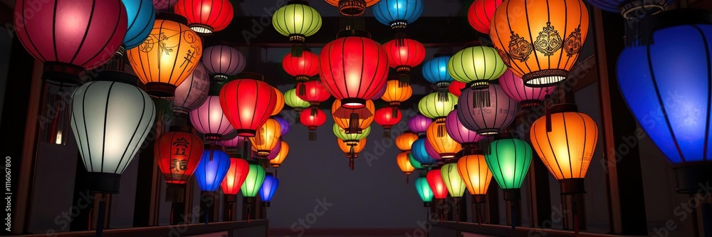 Obraz premium Colorful lanterns placed around a room, celebration theme, lanterns, outdoor decoration