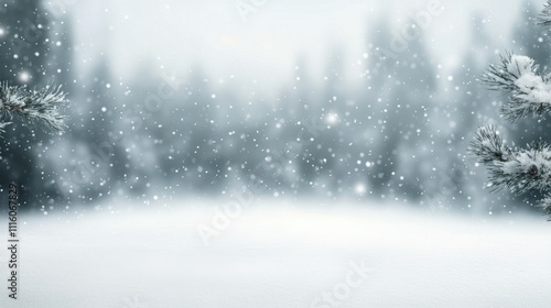 Snow falls gently over a serene winter landscape with evergreen trees in the ...