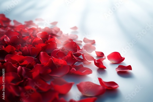 Red rose petals scattered on a reflective surface with soft light in the back...