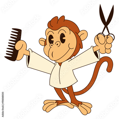 Funny monkey cartoon characters wearing barber uniform, holding hair scissors and comb. Best for sticker, logo, and mascot for barbershop business and services