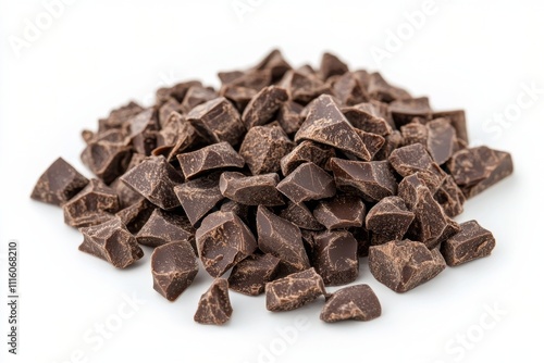 Dark chocolate pieces are arranged neatly on a white surface ready for cookin...
