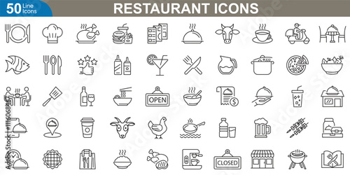 Restaurant line icon set. Food and dining, drinks, menu, chef, cooking, tableware, delivery and more. vector illustration.
