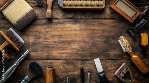 Tools for grooming arranged on a wooden surface in an organized manner
