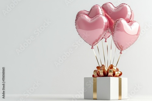 Heart shaped balloons tied to a gift box with ribbon on a neutral background
