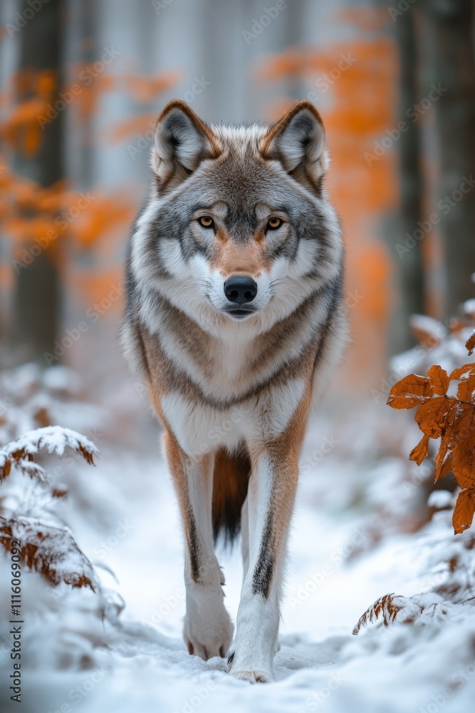 Obraz premium Majestic Timberwolf walking with dramatic lighting, highlighting its powerful aura. Whole body shot from the front view