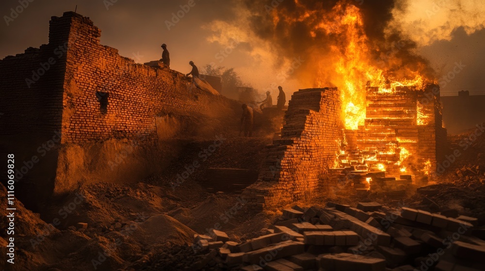 Fiery destruction of ancient brick structures, people silhouetted against flames. Fiery destruction of ancient brick structures, people silhouetted against flames.