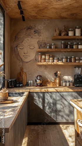 Cozy kitchen with artistic wall decor and shelves filled with jars and utensils