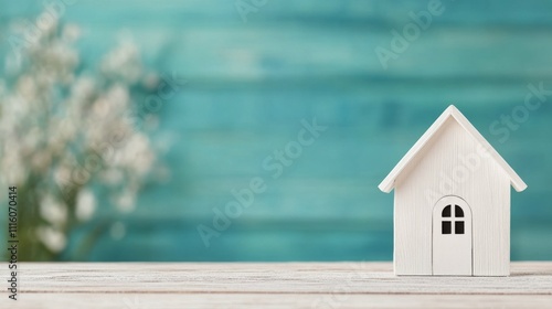 Wooden house model next to green leaves on a wooden surface in a bright natur...