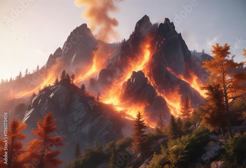 Fiery inferno rages on a mountain peak as trees and underbrush catch ablaze, devastation, wildfire, nature