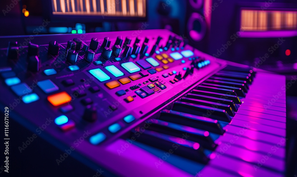 A photo of an advanced music production console with colorful LED lights, in a dimly lit recording studio setting A photo of an advanced music production console with colorful LED lights, in a dimly lit recording studio setting