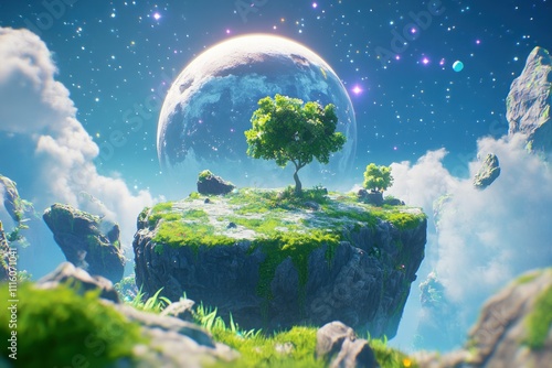 Surreal Fantasy Landscape with Floating Island, Lush Green Tree, and Cosmic Background Featuring Stars and Planets in the Sky