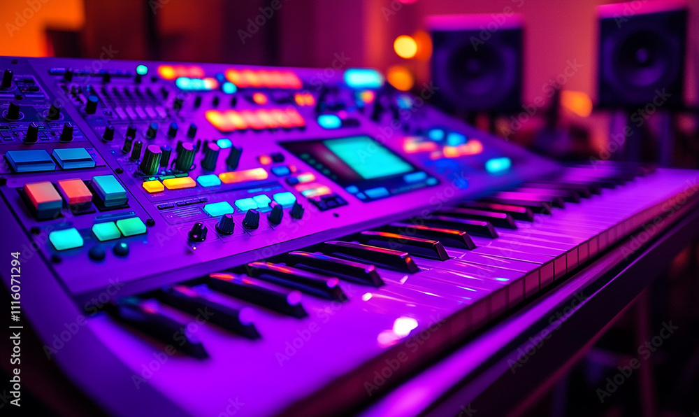 A photo of an advanced music production console with colorful LED lights, in a dimly lit recording studio setting A photo of an advanced music production console with colorful LED lights, in a dimly lit recording studio setting