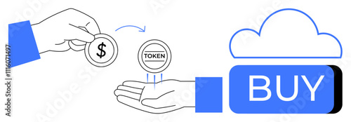 Hand exchanging dollar coin for token over another hand, with buy button under cloud icon indicating purchase. Ideal for cryptocurrency, cloud services, online shopping, digital transactions, finance