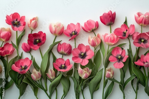 Pink tulips arranged beautifully on a neutral background for spring decoration