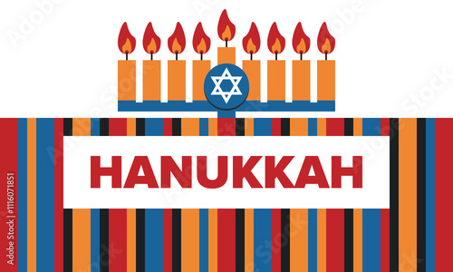 Hanukkah. Jewish festival. Festival of Lights. Traditional menorah. Candles. Star of David. Happy holiday banner. Creative art template. Vector illustration