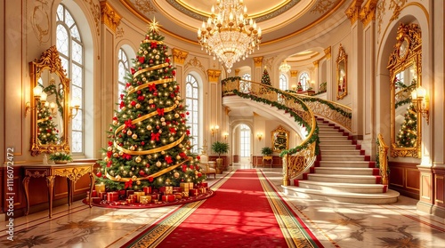 Luxurious grand hall adorned with a towering Christmas tree, elegant chandeliers, and a sweeping staircase, creating a festive and opulent holiday atmosphere.