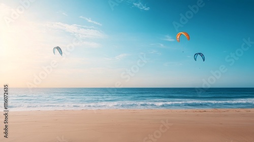 Kite surfers glide over the tranquil beach waters under a clear blue sky at s...