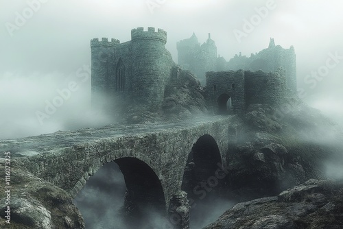 Misty ancient stone fortress bridge in a quiet mountain setting during early ...