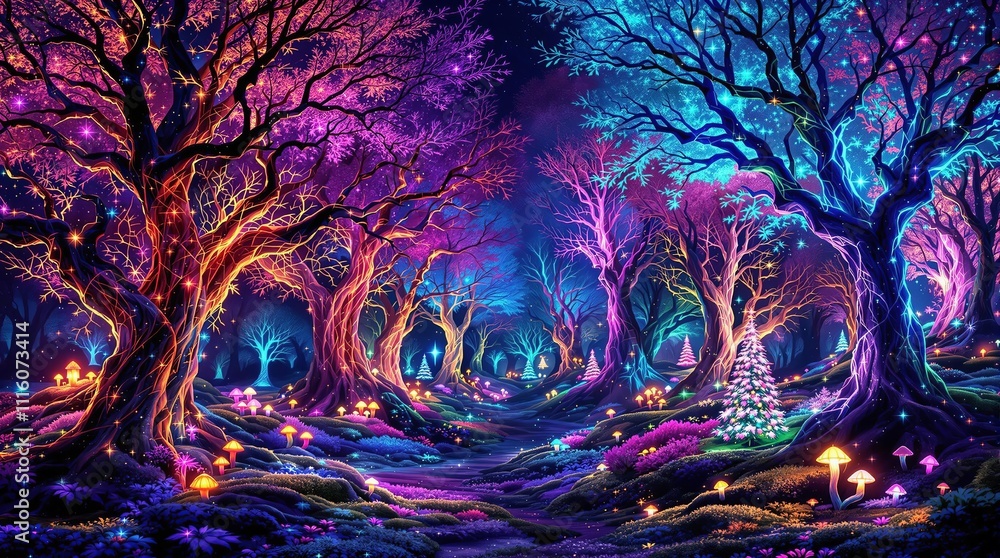 Fototapeta premium Vibrant enchanted forest with glowing trees and colorful mushrooms creating a mystical atmosphere at night.