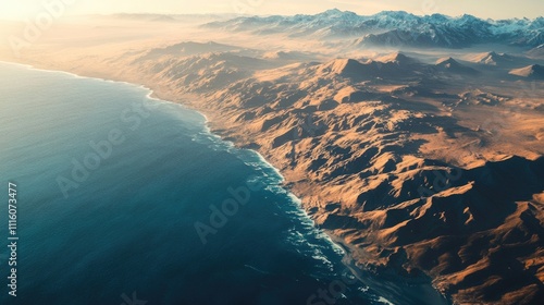 A panoramic view of Chilea??s map bordered by the vast Pacific Ocean, with mountainous shadows cast on the land photo