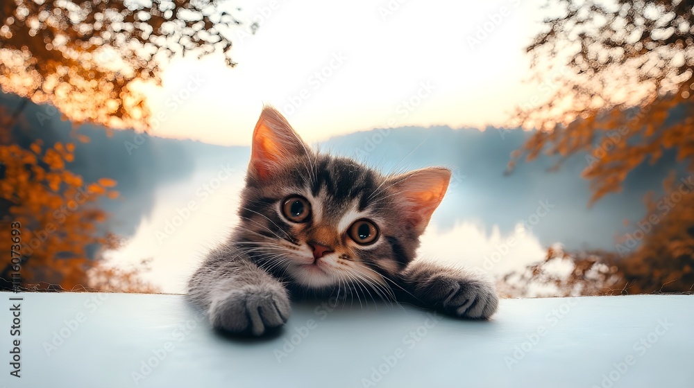 Obraz premium Adorable Kitten Peeking Over Edge with Autumn Forest Background