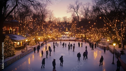 Skaters enjoy a festive evening on an ice rink surrounded by holiday lights i...