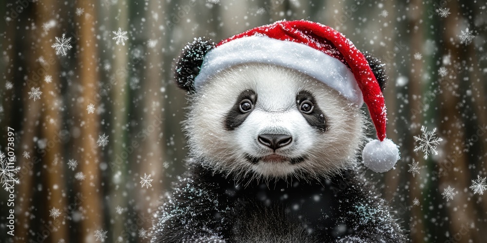 Festive panda enjoys a snowy winter wonderland illuminated by soft falling snowflakes and a red Christmas hat Festive panda enjoys a snowy winter wonderland illuminated by soft falling snowflakes and a red Christmas hat