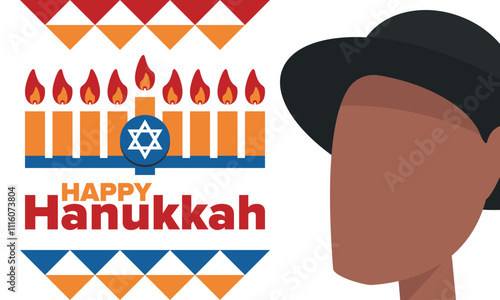 Hanukkah. Jewish festival. Festival of Lights. Traditional menorah. Candles. Star of David. Happy holiday banner. Creative art template. Vector illustration