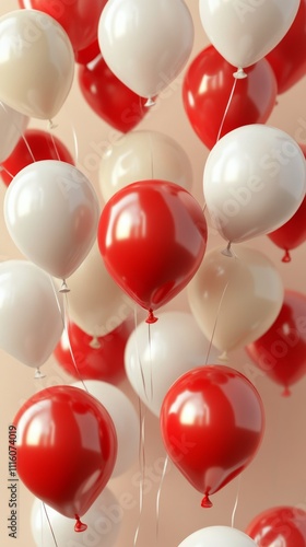 Colorful red and white balloons floating together for celebration in a festiv...