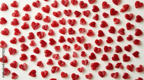 Red hearts scattered on a white background create a romantic and festive atmo...