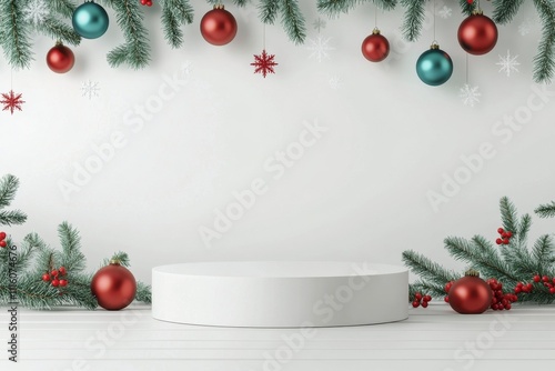 Christmas decorations with red and silver ornaments on a white surface
