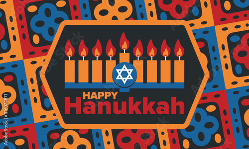 Hanukkah. Jewish festival. Festival of Lights. Traditional menorah. Candles. Star of David. Happy holiday banner. Creative art template. Vector illustration