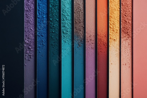 Colorful powder pigments arranged vertically on wooden panels create a vibran...