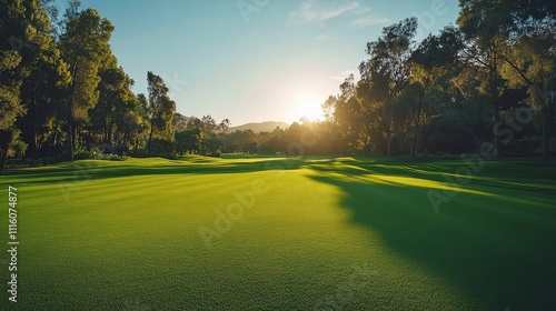 Golfer swings club on a vibrant green course during golden hour in sunny weather