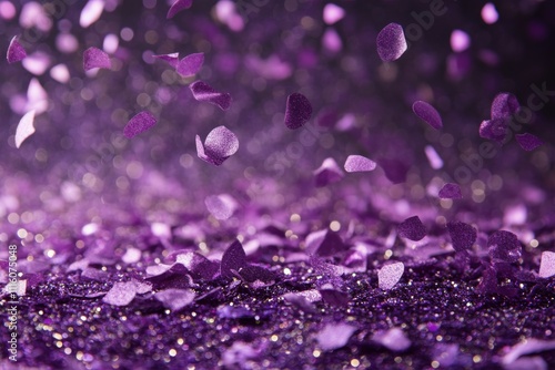 Colorful purple glitter cascades over a sparkling surface at a festive celebr...