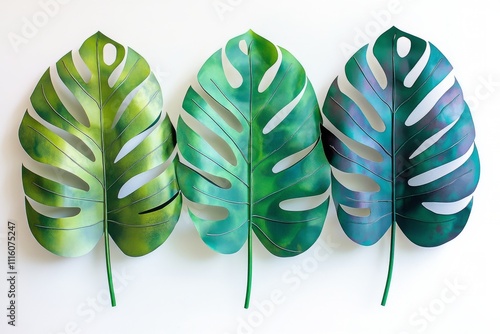 Colorful tropical leaves arranged in a decorative display on a white background