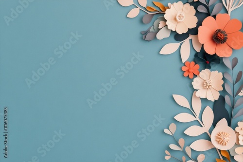 Vibrant paper flowers and leaves arranged on a blue background for decorative...
