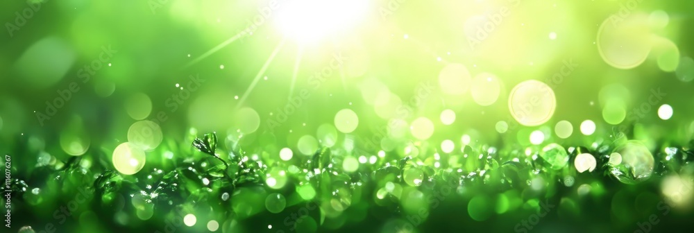 Fototapeta premium Lush Green Spring Background with Soft Bokeh Effect and Blurred Bright Light for Nature, Freshness, and Renewal Themes