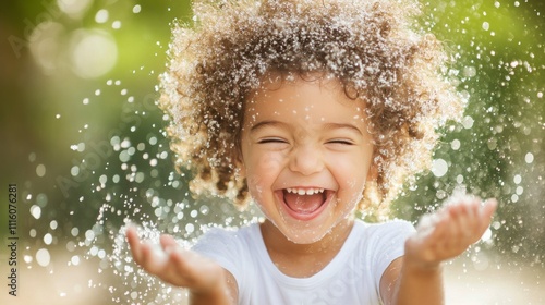 Child joyfully playing with water in a sunny outdoor setting during summer