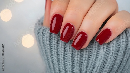 Elegant red nails contrasting with a cozy gray sweater in a softly lit setting