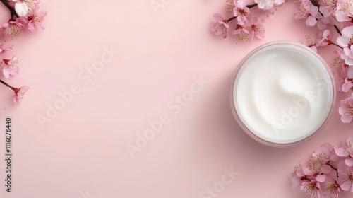 Cream jars with green leaves on a light background for skincare and beauty ro...
