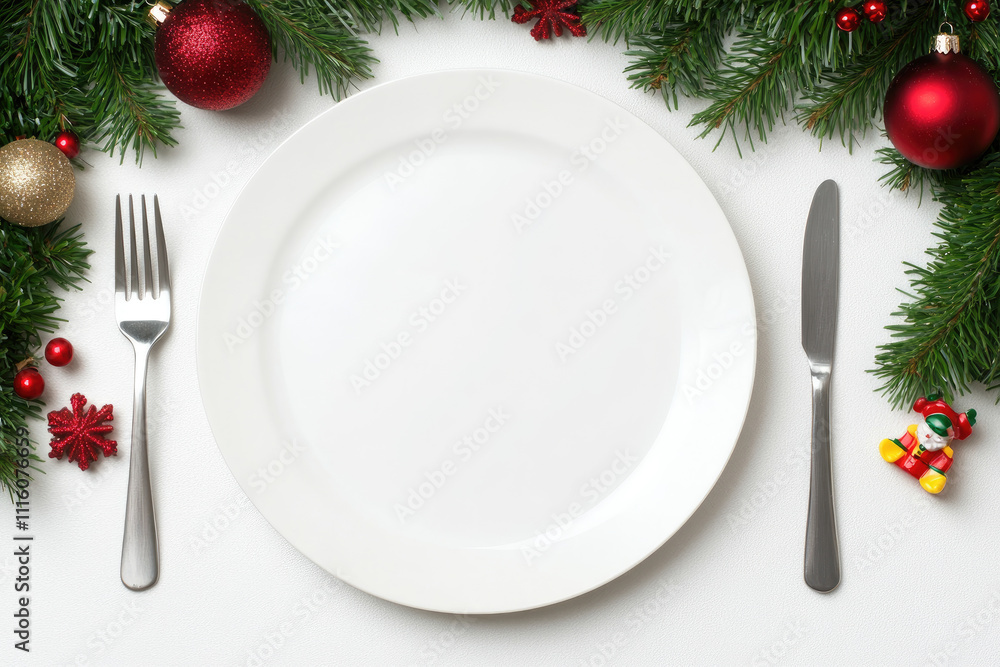 Christmas Dinner Table Decor Featuring Empty Plate, Cutlery, Festive Toys, Fir Tree, Cozy Winter Holiday Ambiance Christmas Dinner Table Decor Featuring Empty Plate, Cutlery, Festive Toys, Fir Tree, Cozy Winter Holiday Ambiance