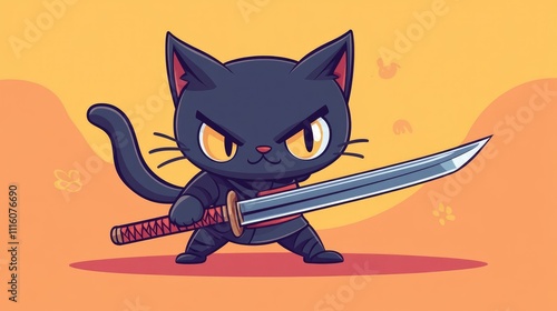 A fierce cartoon cat wielding a sword, ready for action in a colorful background. photo