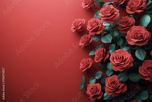Beautiful arrangement of red roses against a vibrant red background