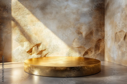 Elegant golden circular platform illuminated by soft natural light in a minim...